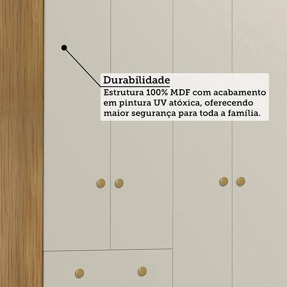Quarto de Bebê Guarda-Roupa 4 Portas Cômoda e Berço Minicama 4 em 1 Levy 100% MDF Yescasa Amêndoa/Off White