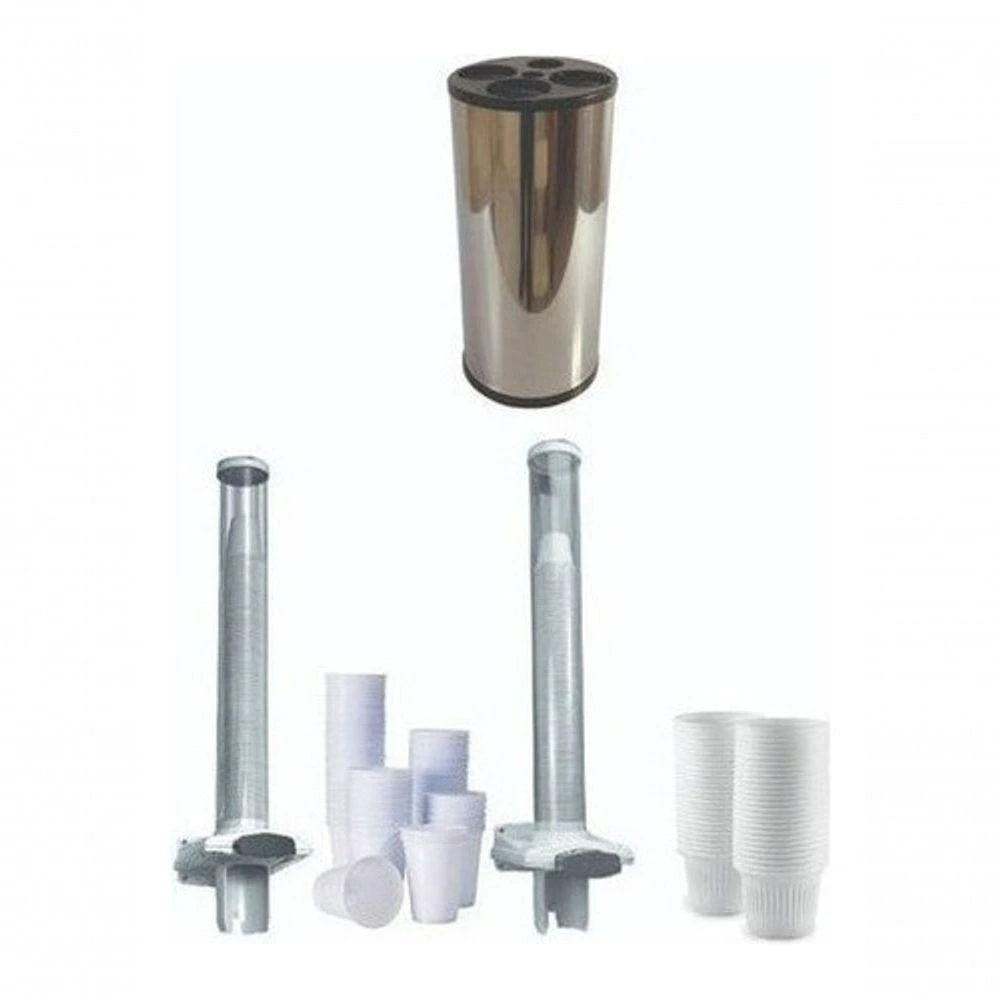 Kit Lixeira e Dispensador Lixeira Copos + Dispensador para Água e Café Aço Inox 4 Compartimentos