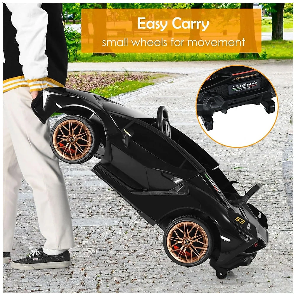 Carro Elétrico Infantil Licenciado Lamborghini SIAN OLAKIDS Preto/Dourado 12V com Controle Remoto 2 Velocidades, Suspensão e Bluetooth