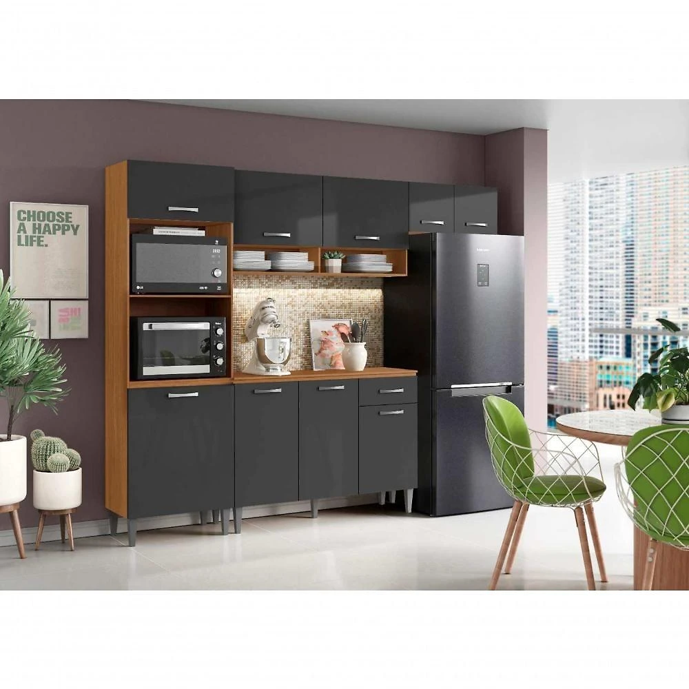 Cozinha Compacta Atenas 9 Portas 1 Gaveta MDP 249,7CM Cinamomo Grafite Aramóveis
