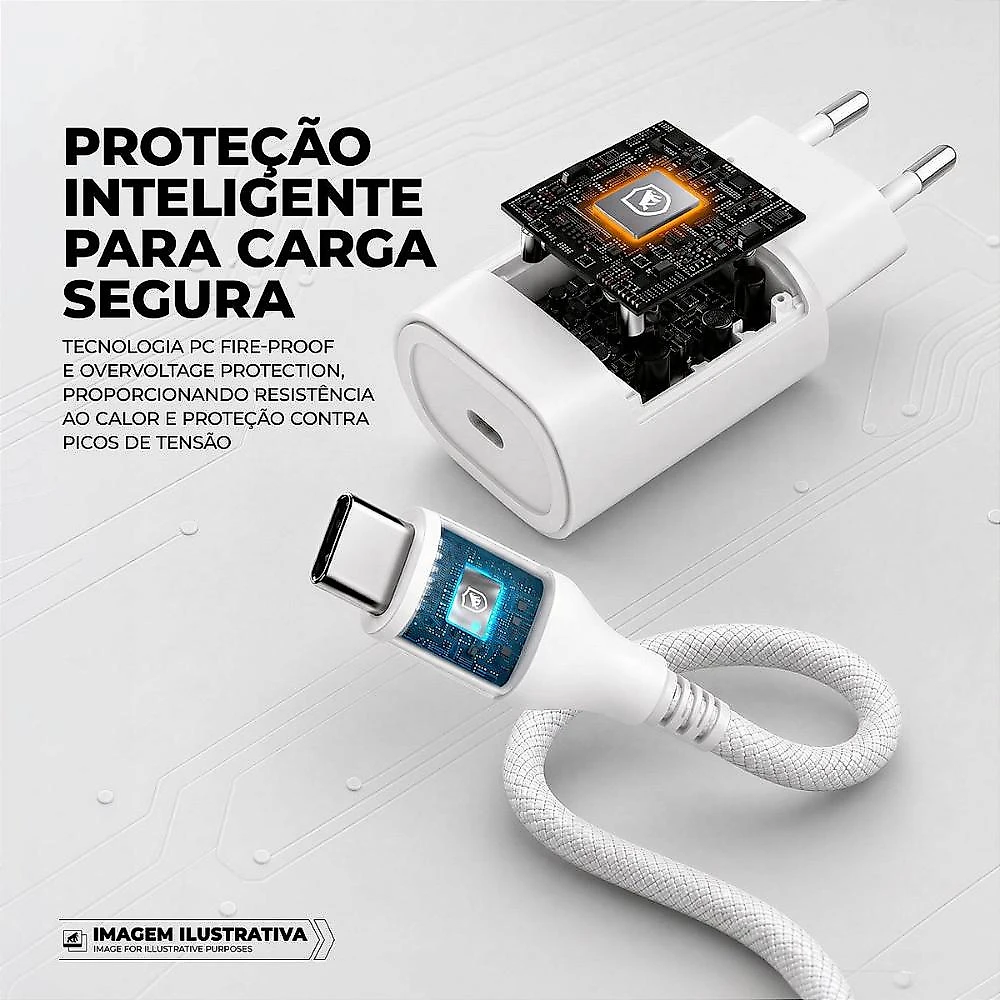 Carregador Turbo 25W USB-C + Cabo Dual Armor 1m USB-C/Lightning Nylon Balístico Branco - Proteção contra Sobrecarga e Sobretensão