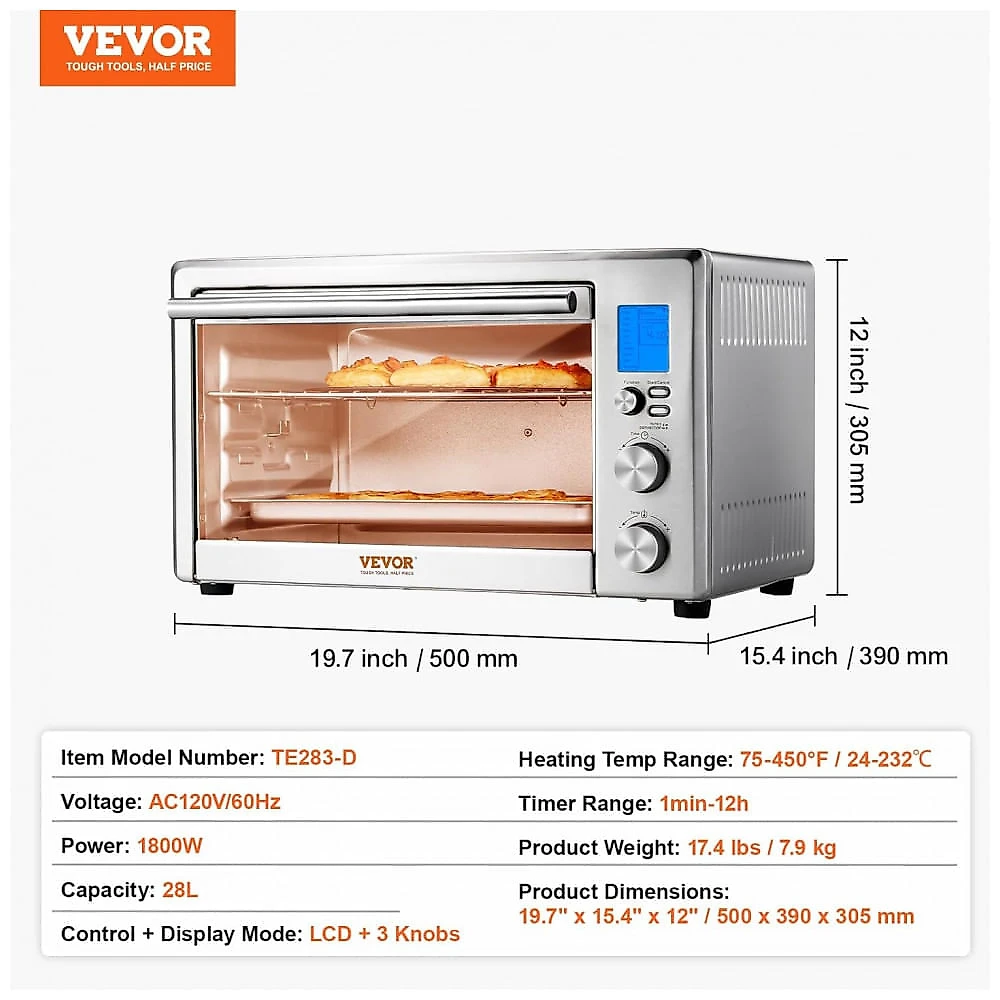Forno Elétrico Air Fryer VEVOR TE283-D 28L 13-em-1 Inox 2 Grelhas 1800W 110V