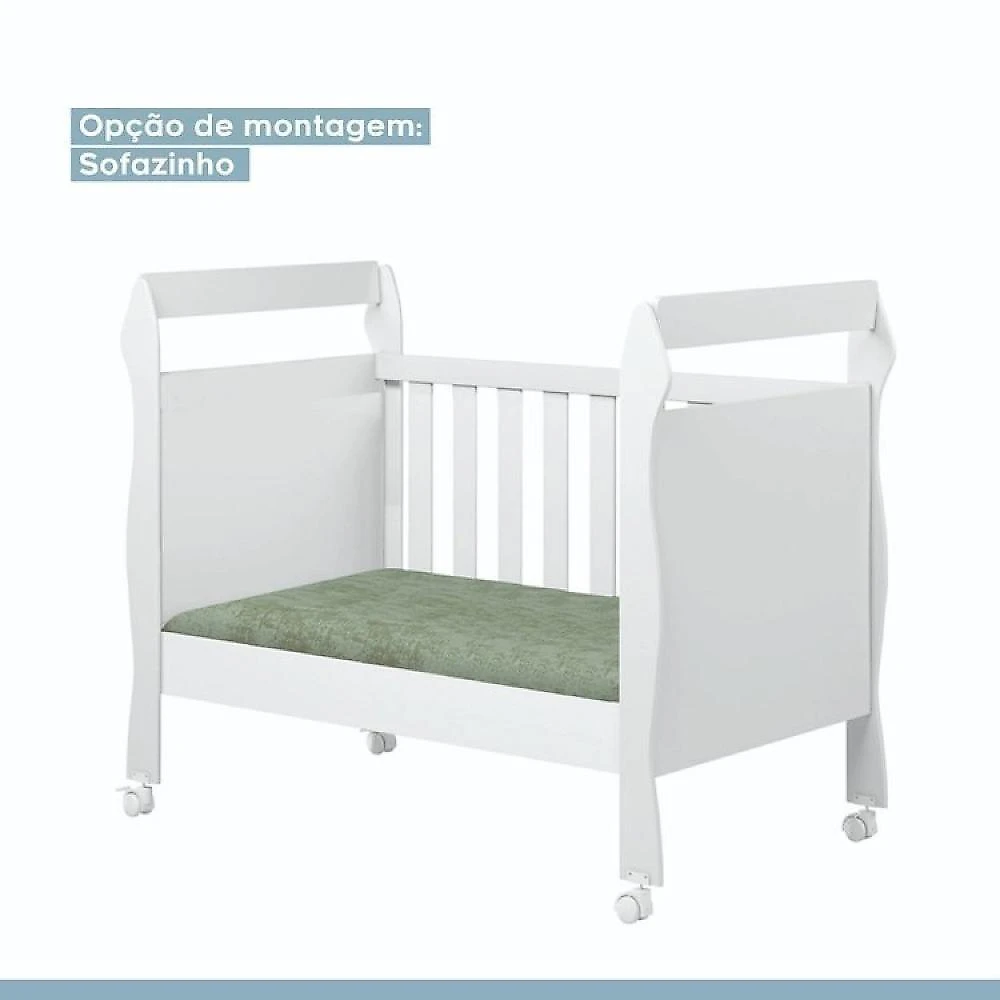 Quarto de Bebê com Berço Mini Cama, Cômoda 1 Porta 4 Gavetas e Roupeiro Flocos 3 Portas 2 Gavetas Branco