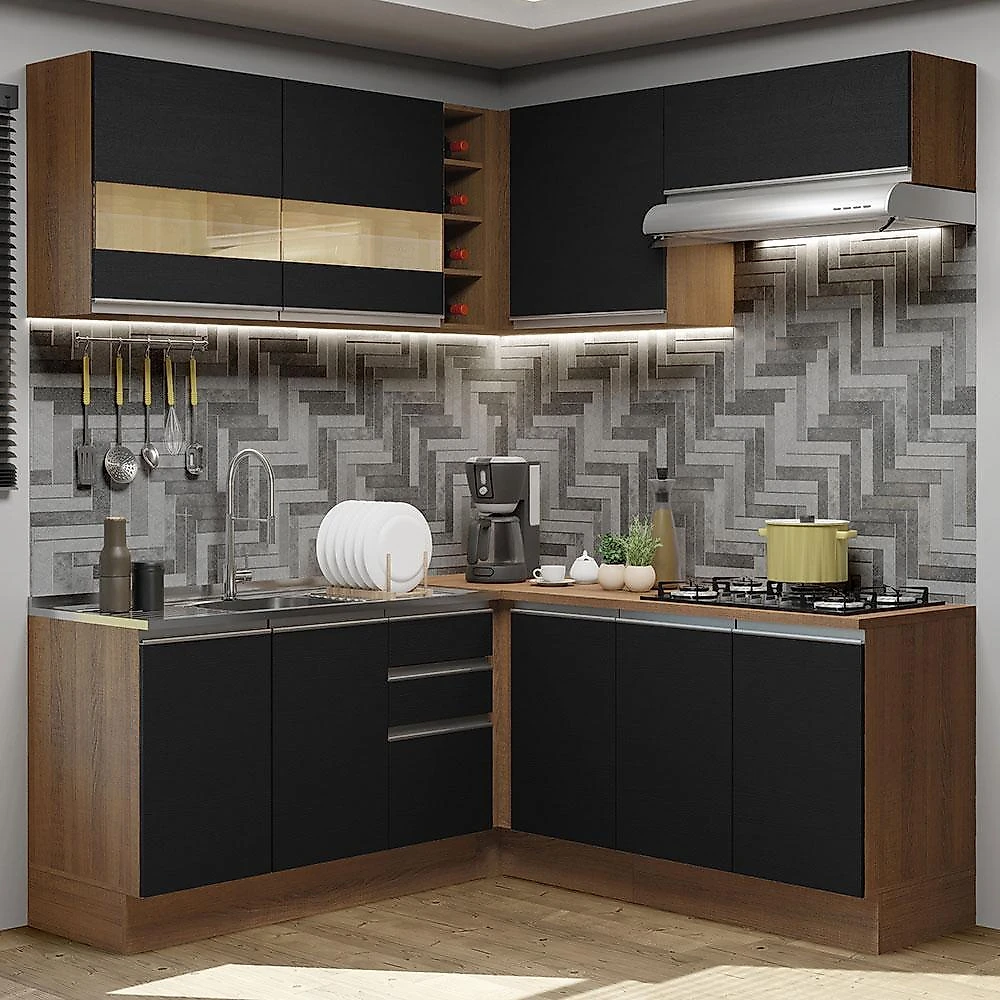 Cozinha completa de canto madesa glamy 349001 com armário e balcão (sem tampo e pia) - rustic/preto