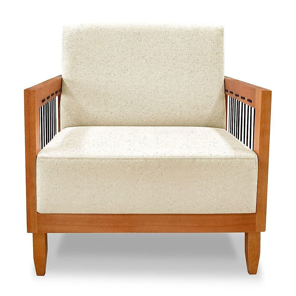 Kit 2 Poltronas Decorativa Marilia Linho Bege Base Em Madeira Castanho - Pallazio