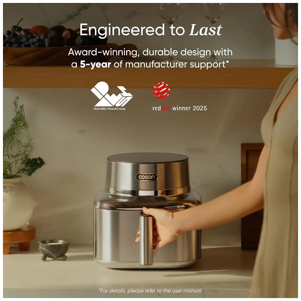 Air Fryer Cosori Iconic Aço Inoxidável Inteligente 6-em-1 com Revestimento Cerâmico 120V