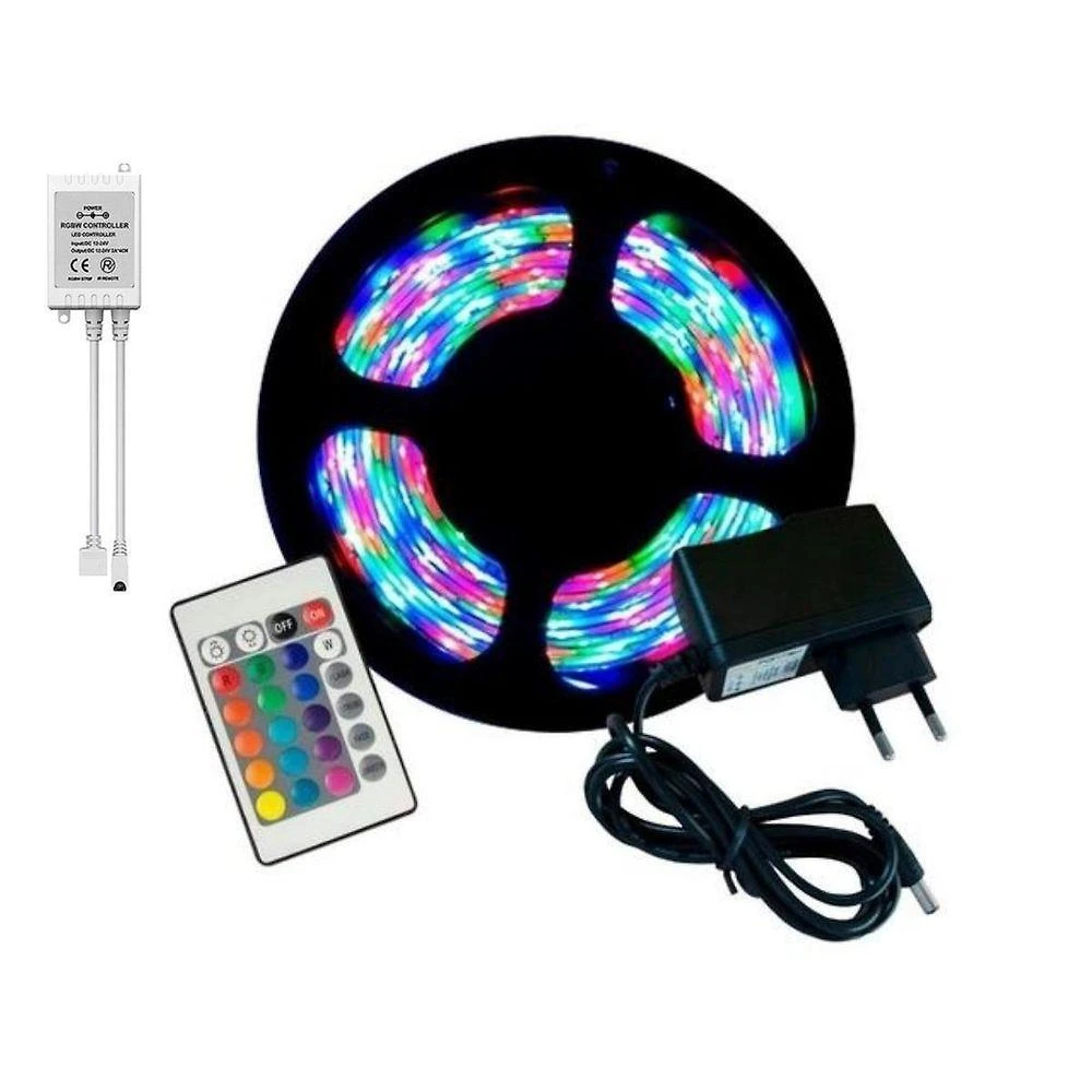 Fita LED RGB 3528 IP65 5m 24W 12V com Controle Remoto Fonte 2A Colorida Aquilae