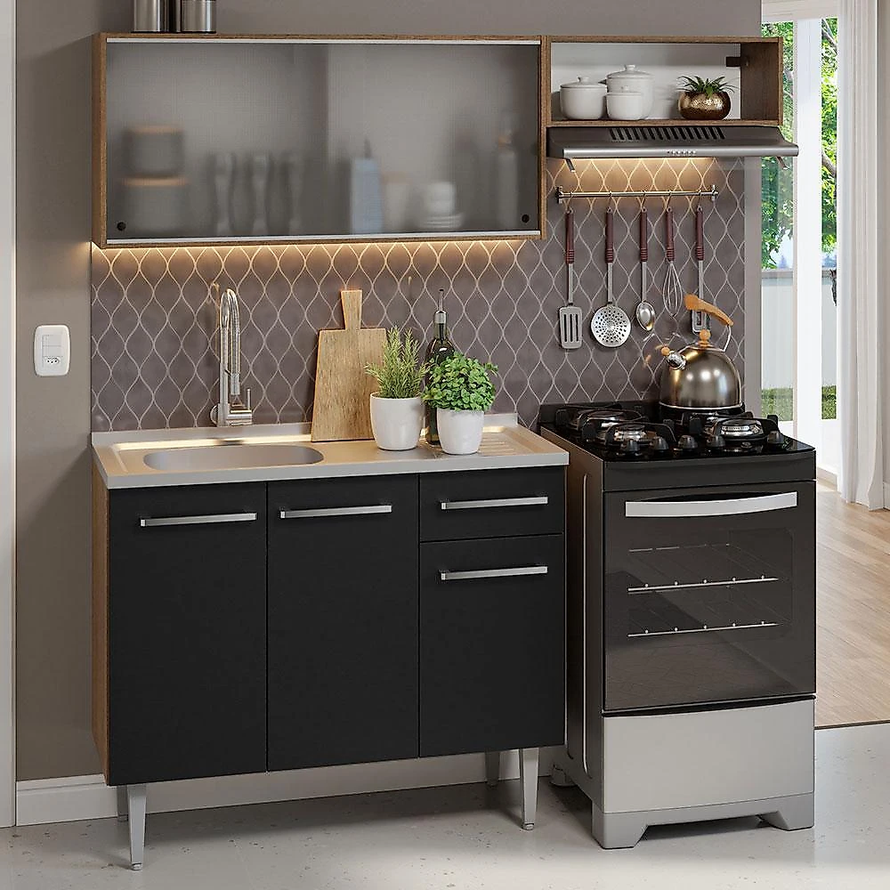 Armário de cozinha compacta 165cm com pia rustic/preto emilly madesa 05