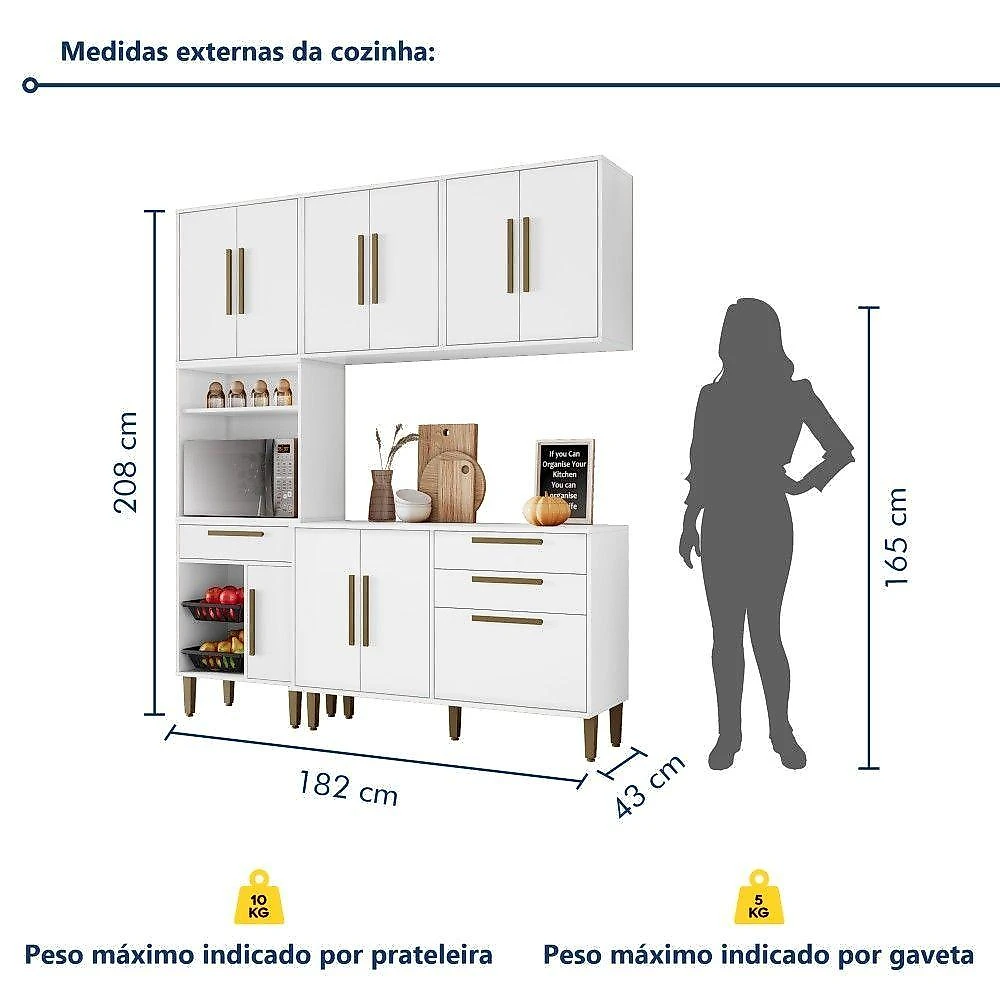 Cozinha Modulada Lorena 10 Portas com Fruteira 182cm Branco Kaiki Móveis