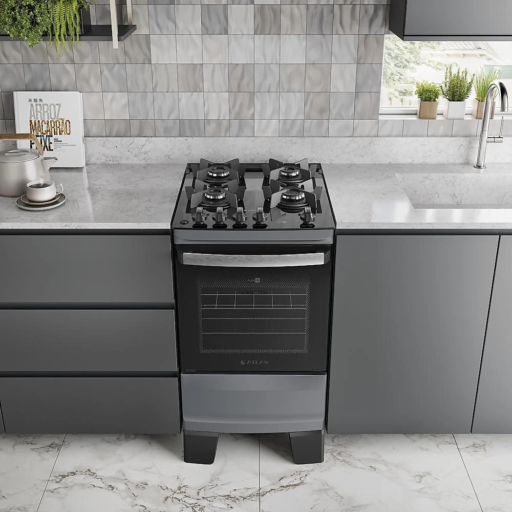 Fogão de Piso 4 Bocas a Gás Atlas Agile Up Mesa de Vidro Acendimento Automático Titânio Bivolt