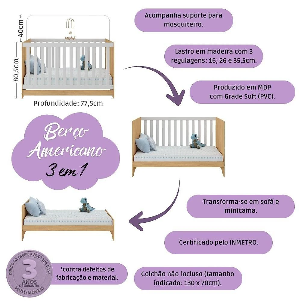 Quarto De Bebê Completo Com Berço Americano 3 Em 1 Ternura Multimóveis MP4655 Madeirado-branco