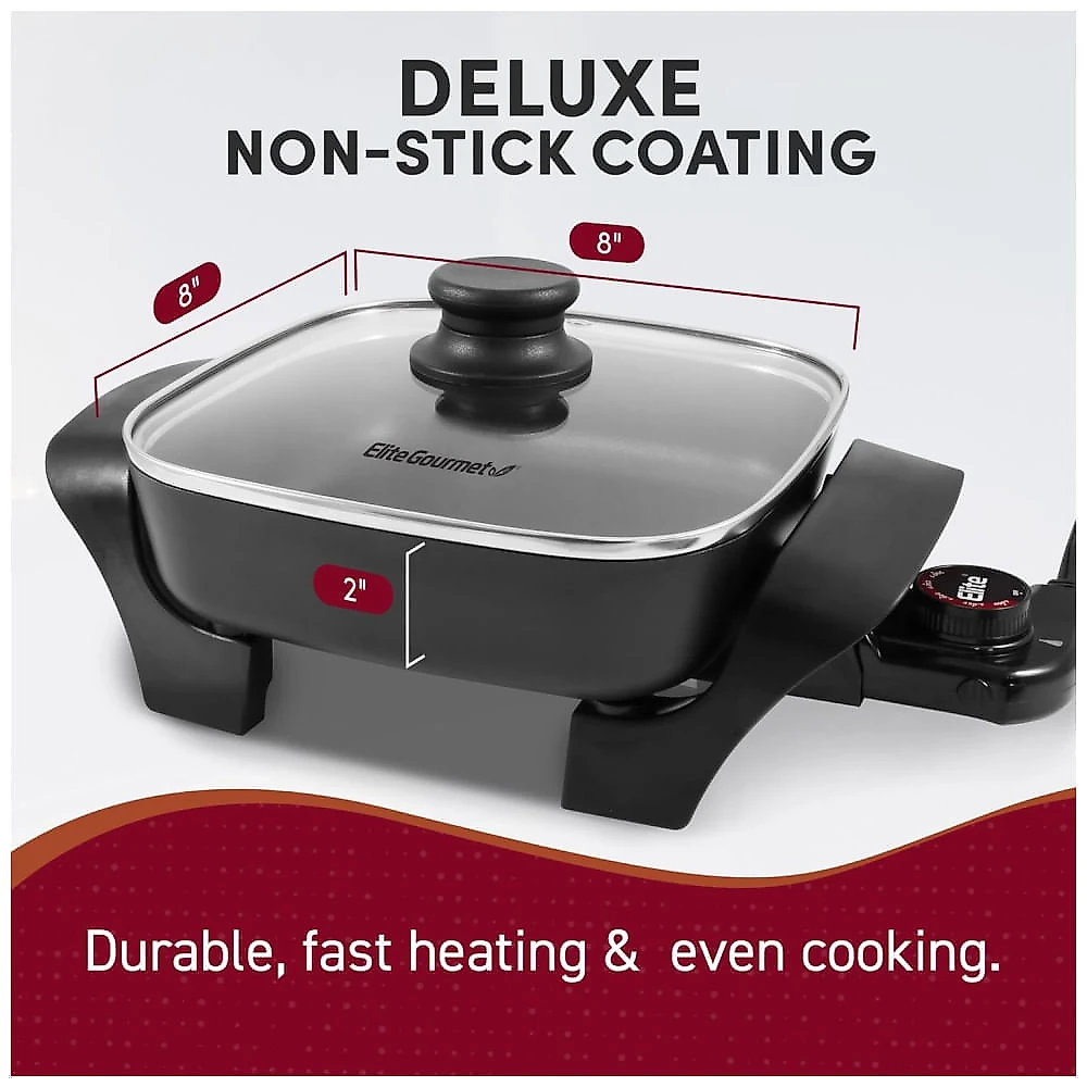 Frigideira Elétrica Antiaderente Elite Gourmet EG808 20 x 20 cm, Tampa de Vidro e Aquecimento Rápido, 600W - Preta, Fácil Limpeza