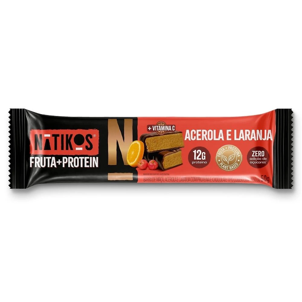 Barra de Fruta e Protein Natikos Sabor Acerola e Laranja com Cobertura de Chocolate 50g