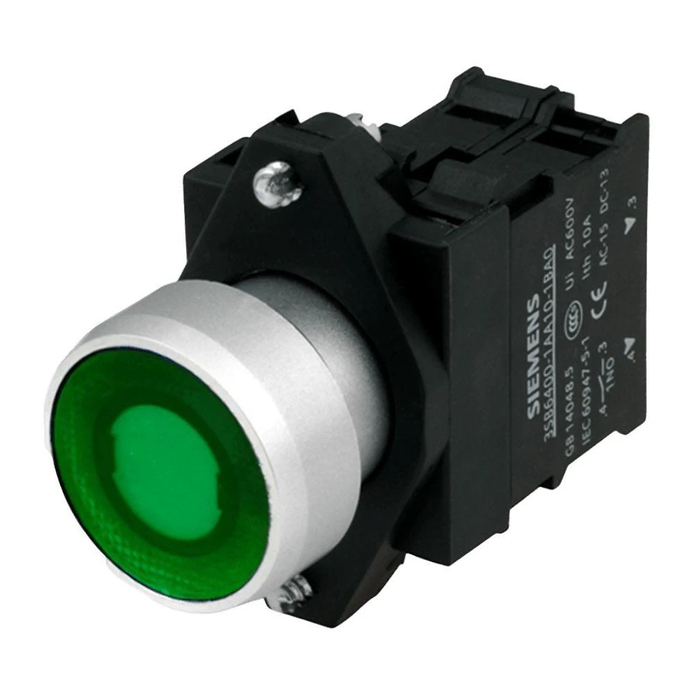 Botão de Comando Sinalizado Verde 3SB6133-0DB40-1BA0 com LED 24VCA-CC 1NA Siemens