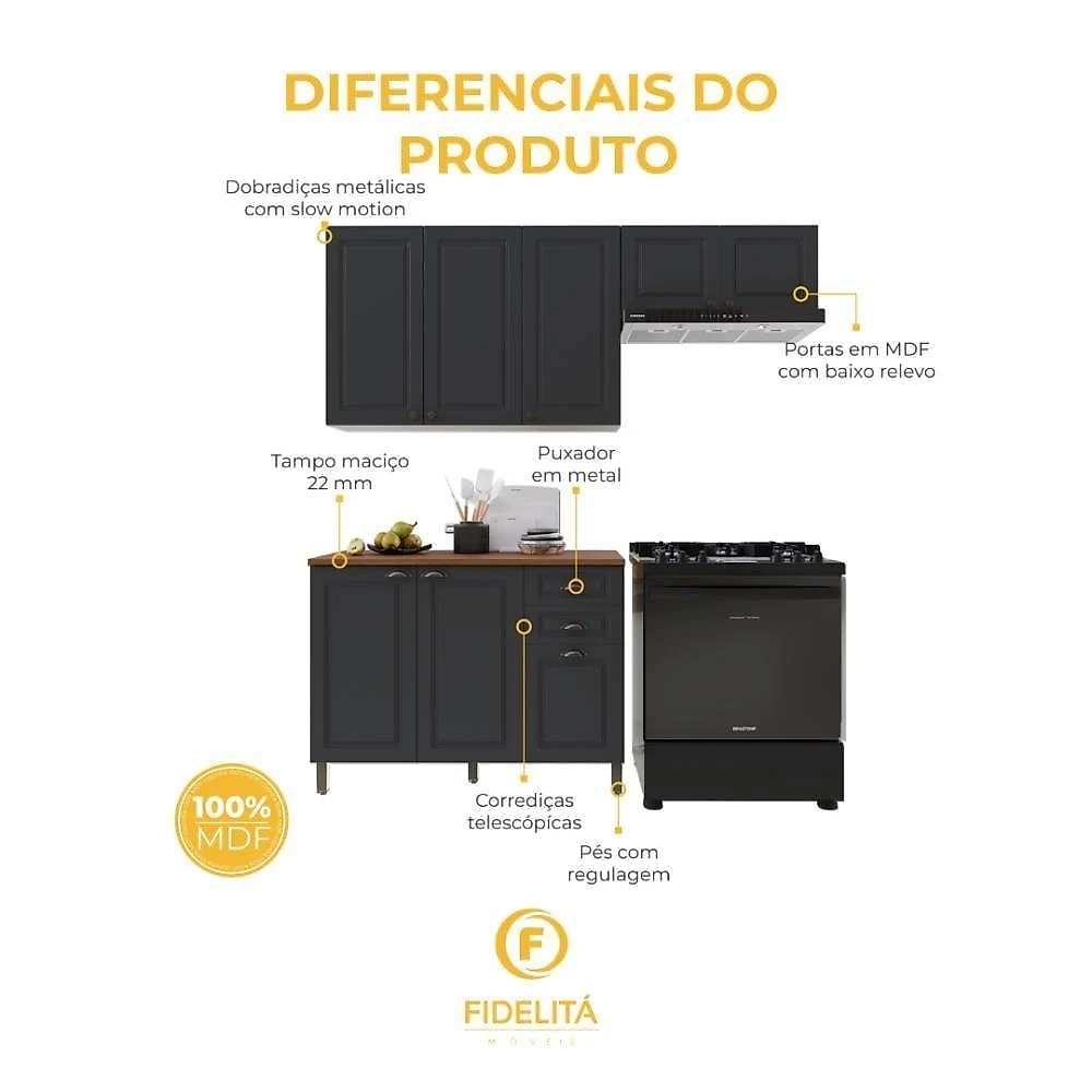 Cozinha Compacta Modulada Nara 8 Portas 2 Gavetas MDF 200CM Chumbo Fidelita Móveis