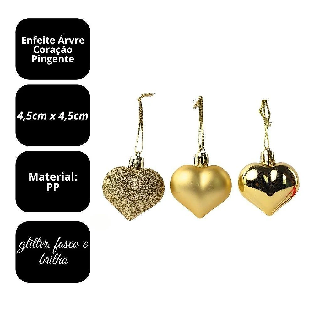 Kit 6 Pingentes Coração Natalinos Dourado Glitter Fosco e Brilho Yangzi
