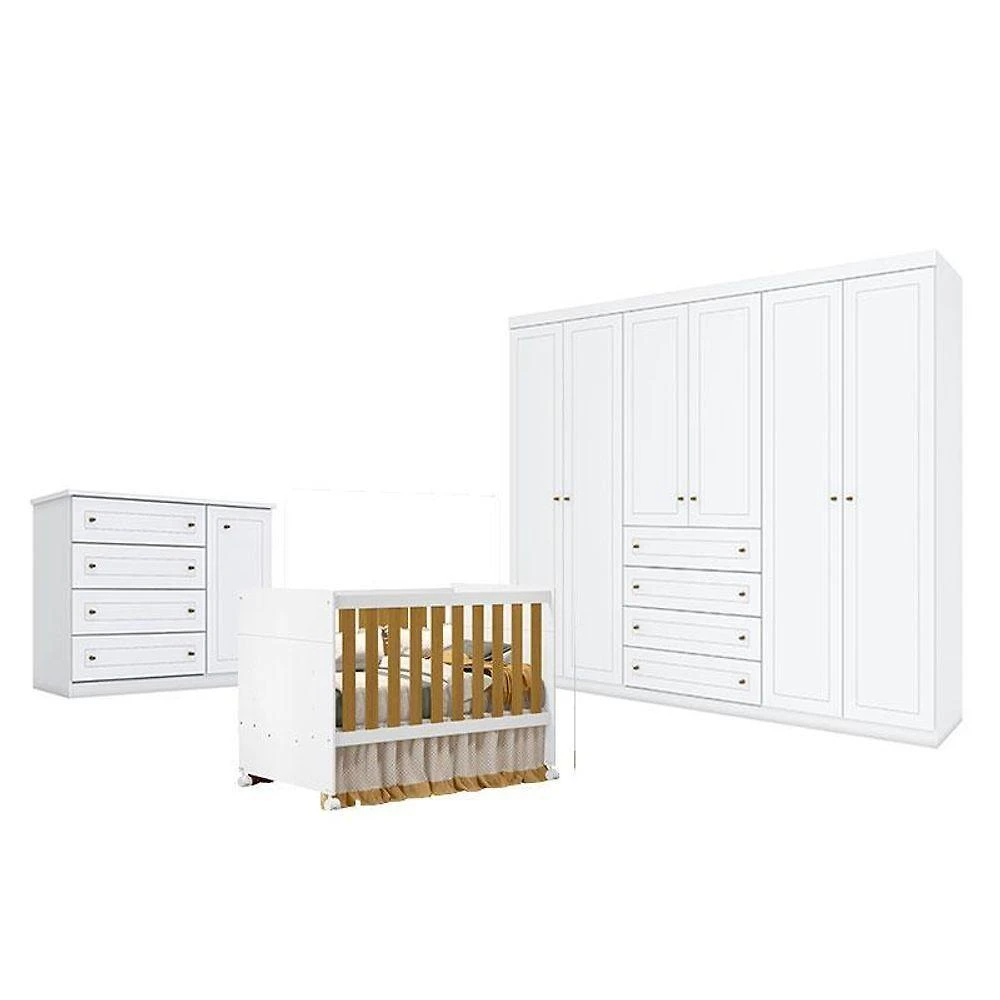 Quarto De Bebê Americano 6 Portas Com Berço Americano Katatau Branco Acetinado Savana - Reller - Henn