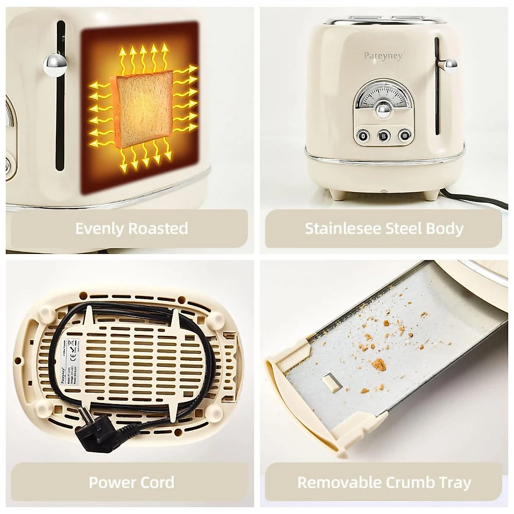Torradeira Elétrica Retrô 2 Fatias em Aço Inoxidável com 6 Configurações de Tostagem e Bandeja de Migalhas Removível, 850W, ...