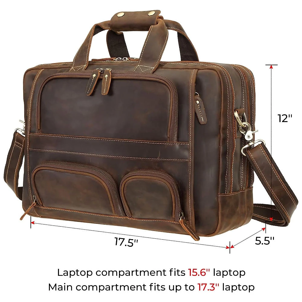 Bolsa Carteiro Masculina de Couro Genuíno para Laptop com 17,3 Polegadas e Fecho em Zíper, Texas, Marrom 110v