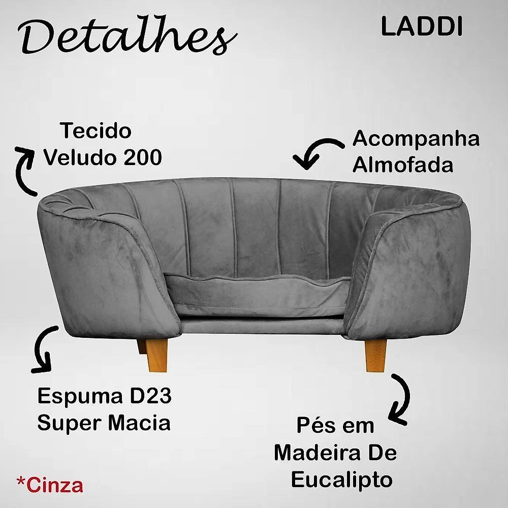 Poltrona Cama Caminha Pet Laddi Veludo Cinza Dvinn Cinza