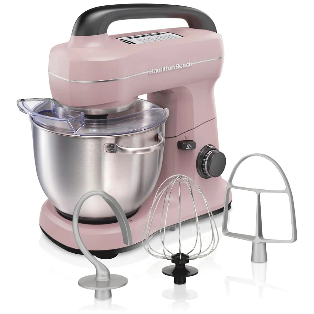 Batedeira Hamilton Beach Elétrica, 4 Litros, Ganchos para Massa, Acessório Batedor Plano, Protetor contra Respingos, 7 Velocidades com Batedor, Rosa