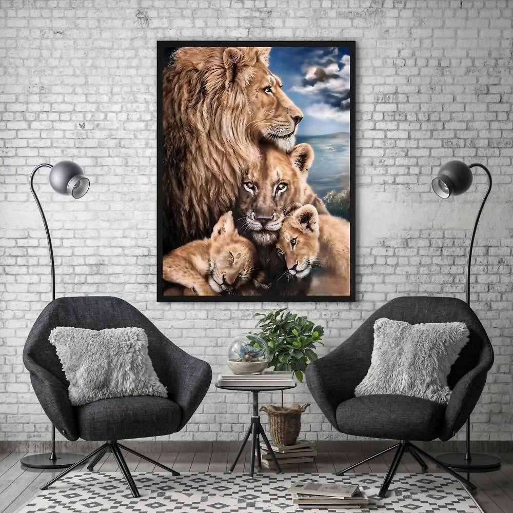 Miniatura Quadro Decorativo Leão Leoa e Filhotes Animal 005 40cmx60cm