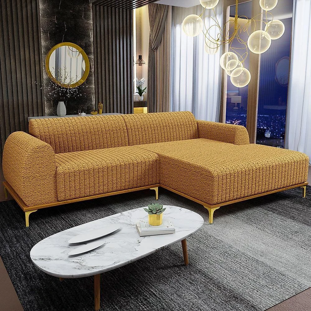 Sofá 5 Lugares Chaise Direito Sala Molino 300cm D02 Pés D\'ouro Prime Bouclê Mostarda Pb-03