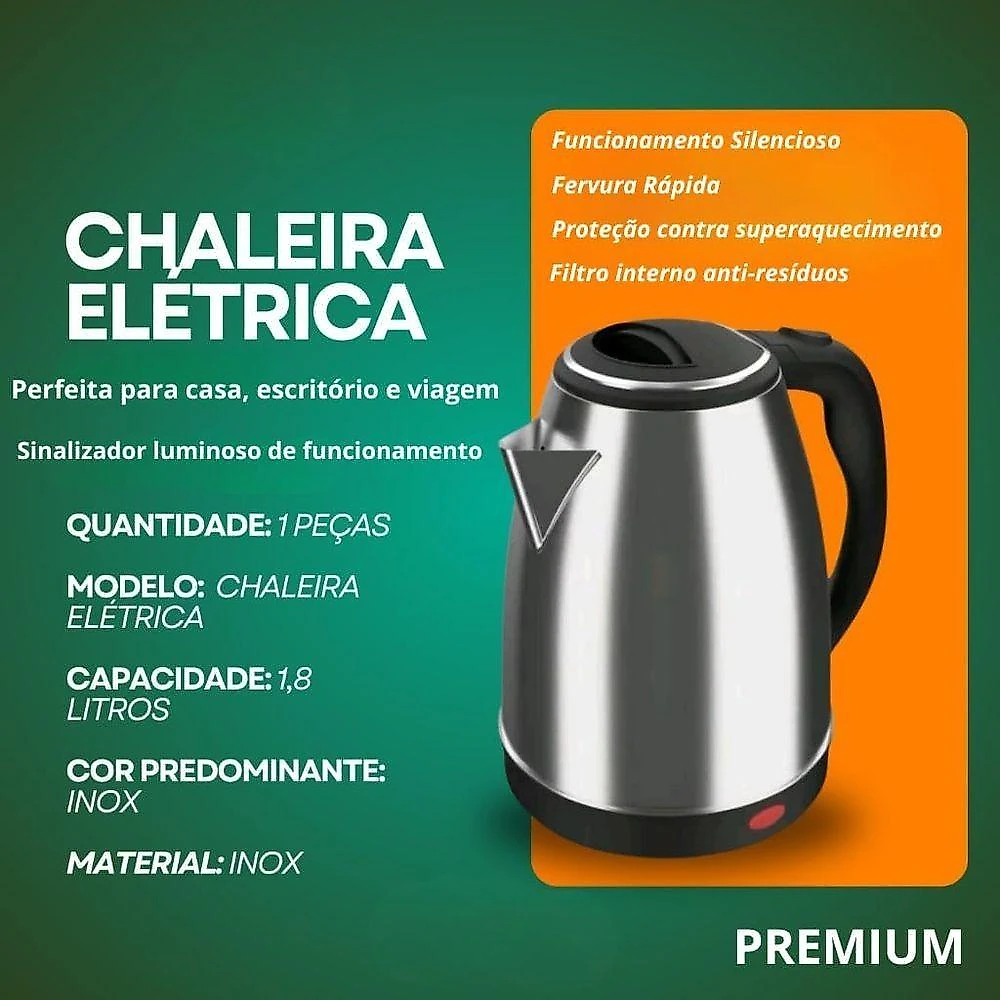 Chaleira Elétrica Inox 1,8L Preta sem Fio Desligamento Automático 110V