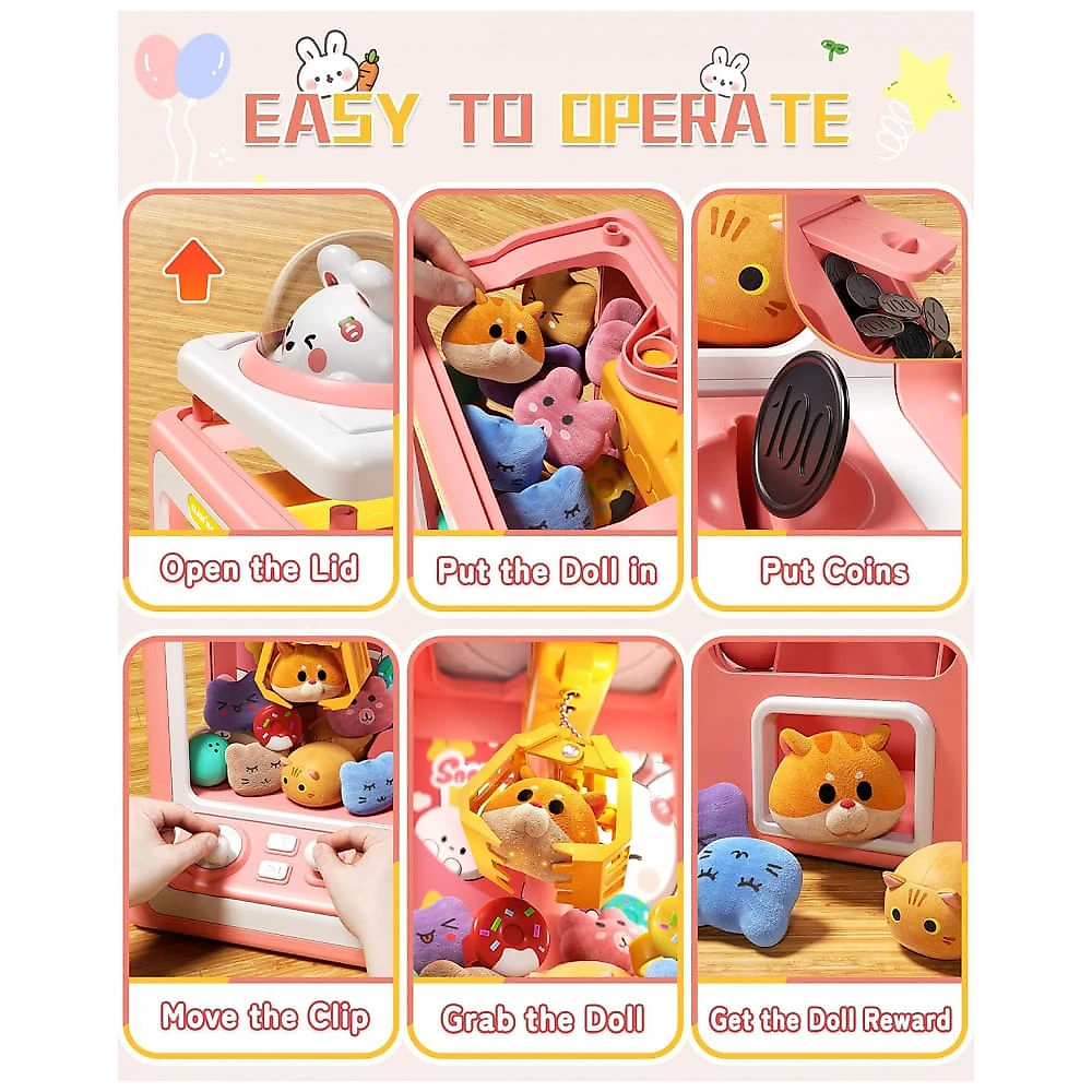 Máquina de Garra Rabbit para Crianças Jovow Rosa com 30 Brinquedos, Música e Moedas para Festa e Diversão