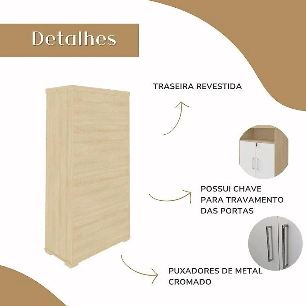 Kit 2 Peças com Mesa para Escritório Presidente em Tamburato e Armário Multiuso Alto Conjunto Para Escritório Executivo Mesa Tamburato Presidente E Armário Tamburato Com Nicho Carvalho/Branco