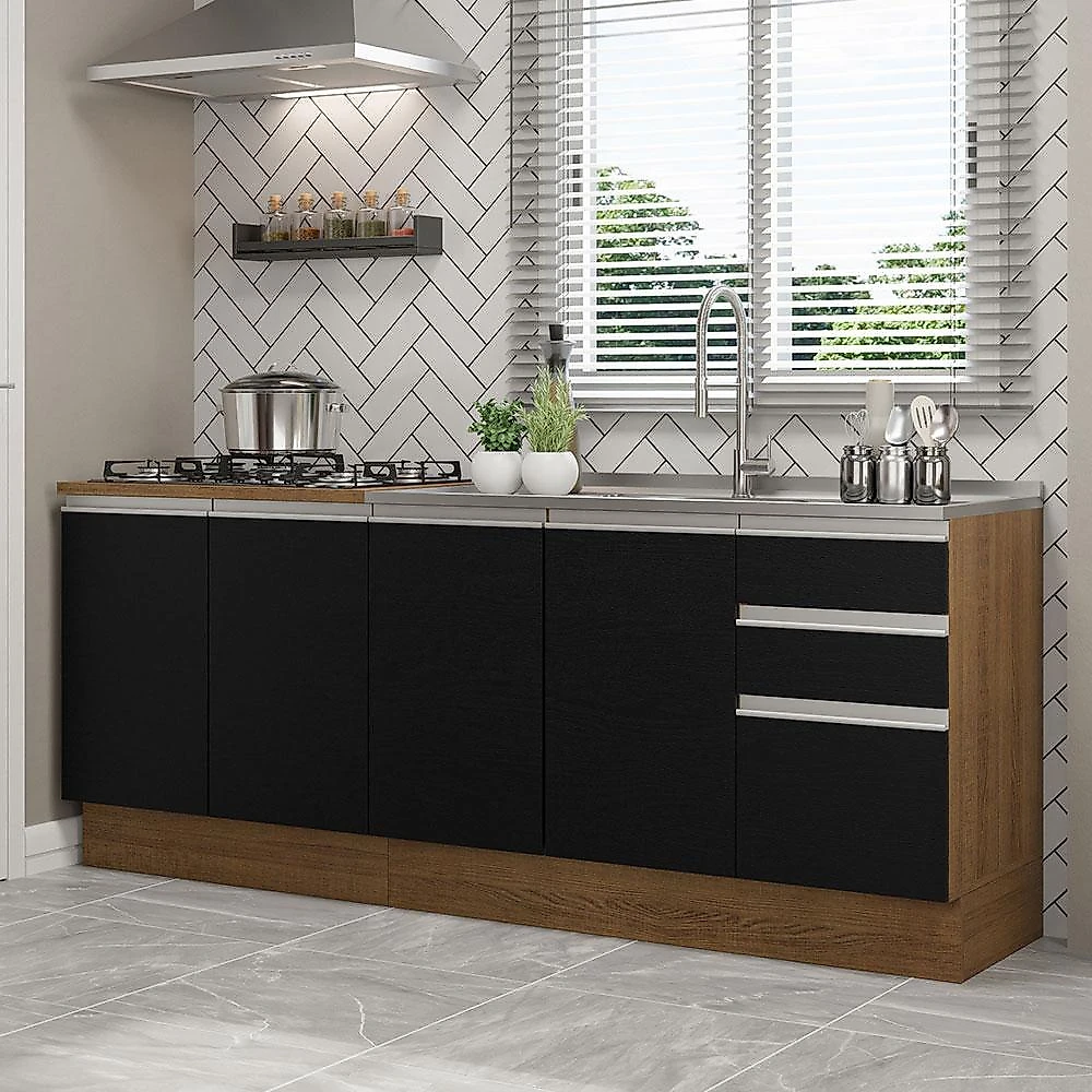 Kit com 2 balcões de cozinha madesa glamy 4 portas 3 gavetas (sem tampo e pia) - rustic/preto