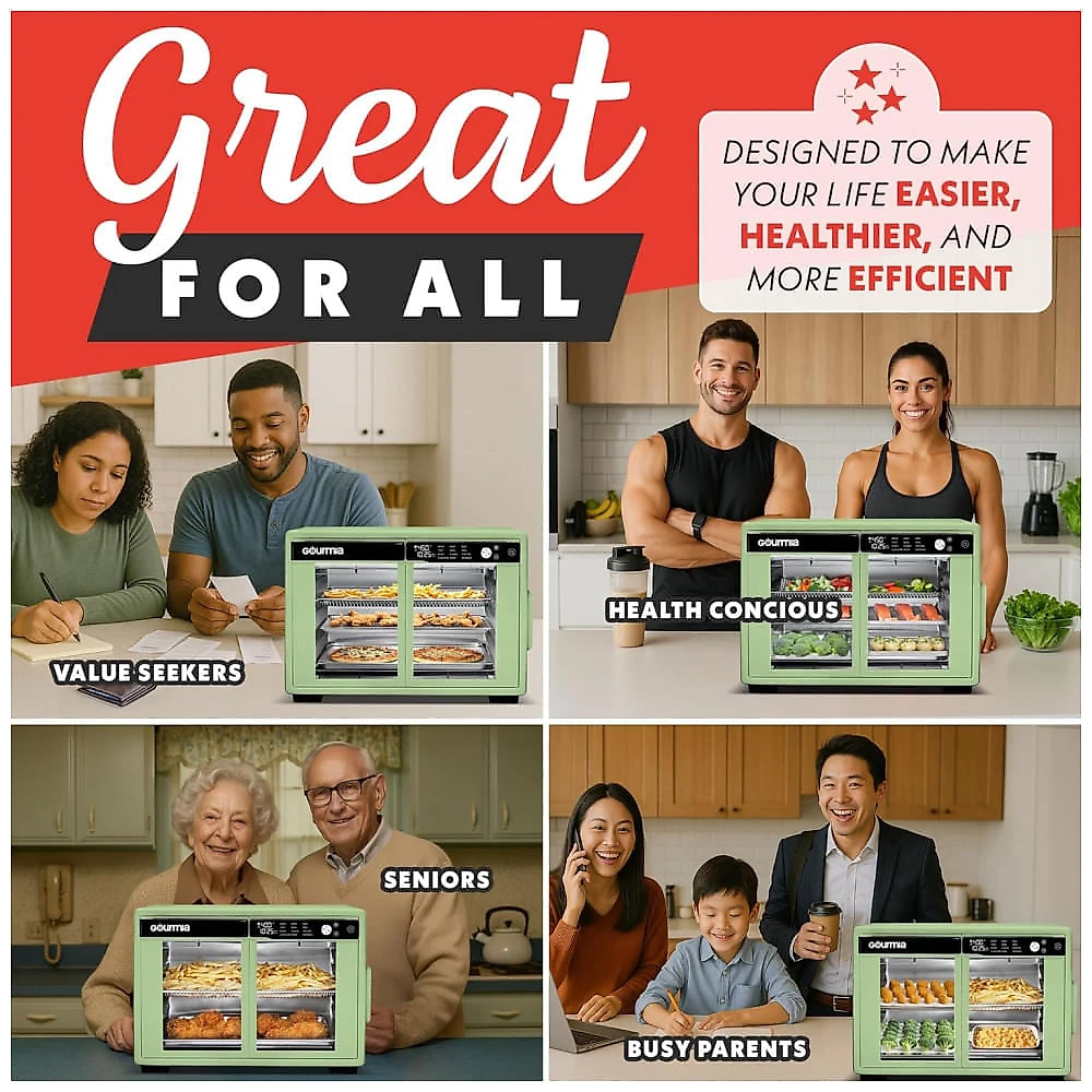 Gourmia Forno Air Fryer French Door 37 Qt Capacidade Grande, 12 Funções, Display Digital, Verde