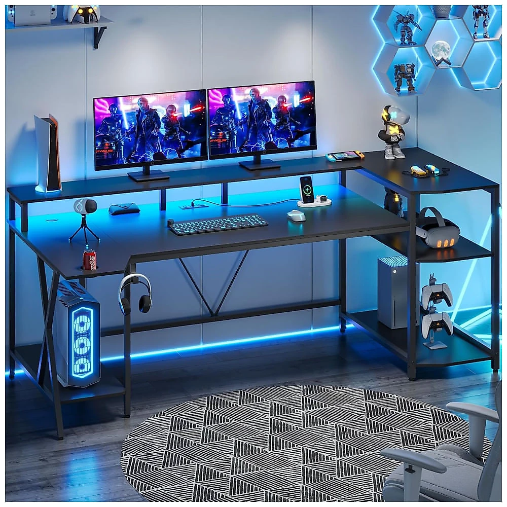 Mesa Gamer 70.8" 180 cm com Luz LED, Porta-Copos, Suporte para Monitor, Prateleiras de Armazenamento e Tomadas, 110V, SEDETA, Preto 110v