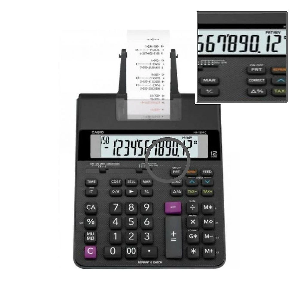 Calculadora com Bobina Compacta Casio HR150RC-B Impressão em 2 Cores Relógio e Calendário Preta