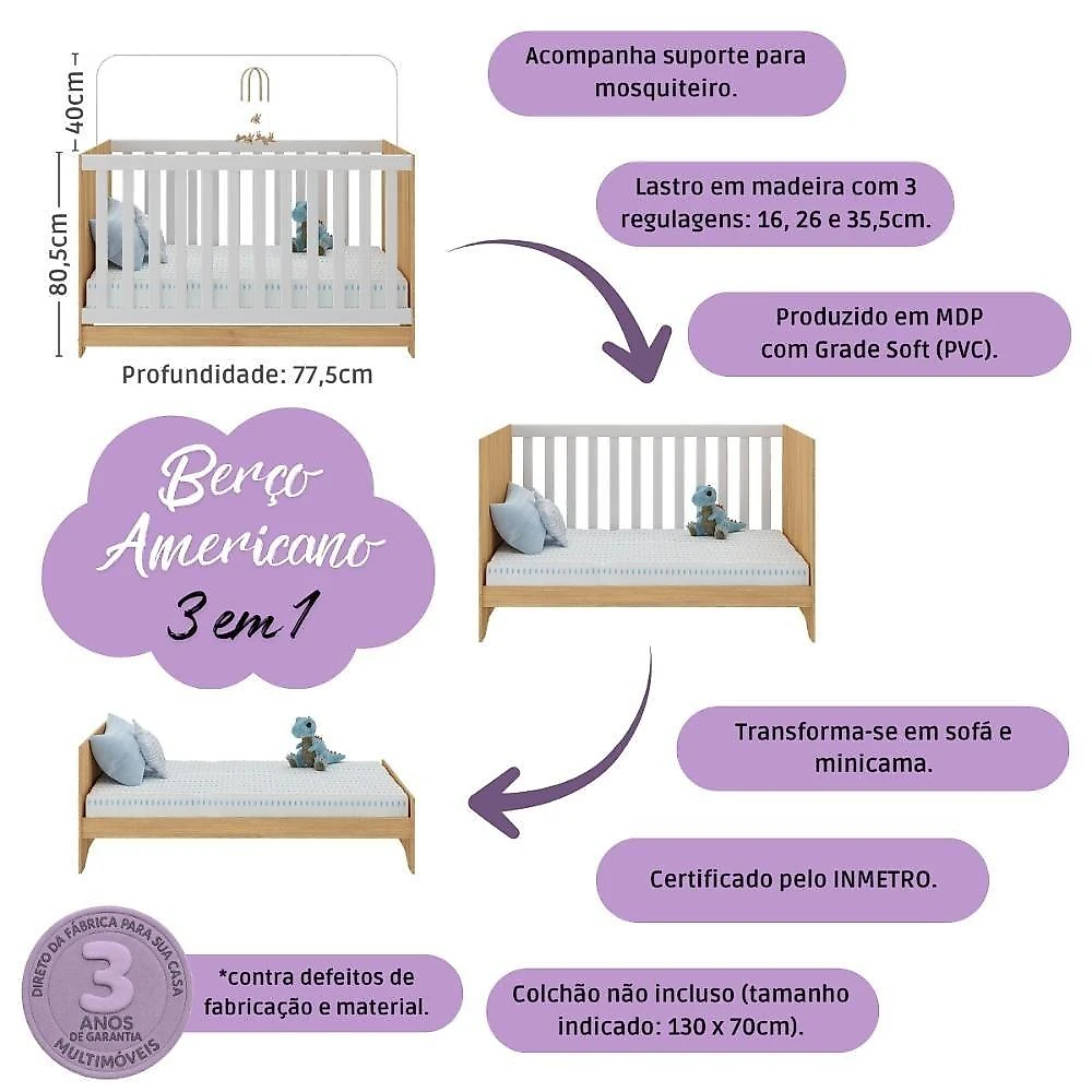 Quarto De Bebê Completo Com Berço Americano 3 Em 1 Sonho Multimóveis MP4619 Branco-madeirado