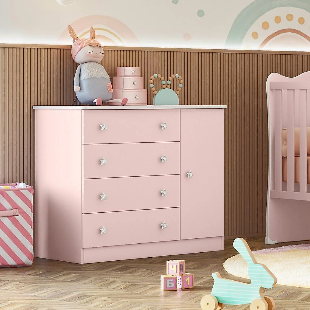 Conjunto Infantil Aurora Rosa Acetinado: Berço Aurora + Kit Rodízios + Cômoda Aurora + Guarda-roupa Aurora