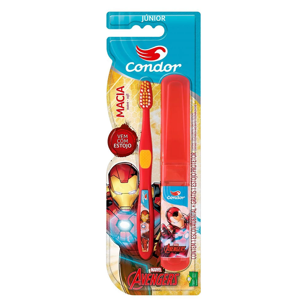 Escova Dental Infantil Condor Júnior Avengers Macia Cores e Personagens Sortidos com 1 Unidade e Ganhe Estojo Protetor