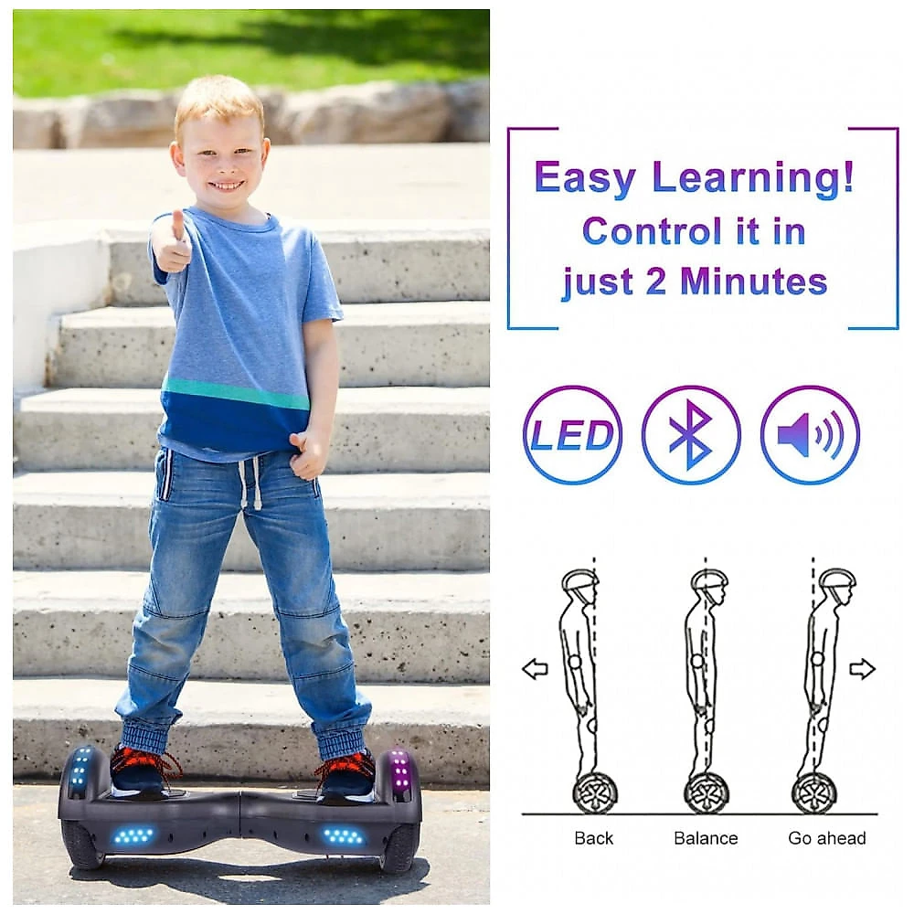 Hoverboard SIMATE Preto 6,5" com Bluetooth, Luzes LED e Certificação UL2272 – Até 13,7 km/h, Autonomia de 12,8 km