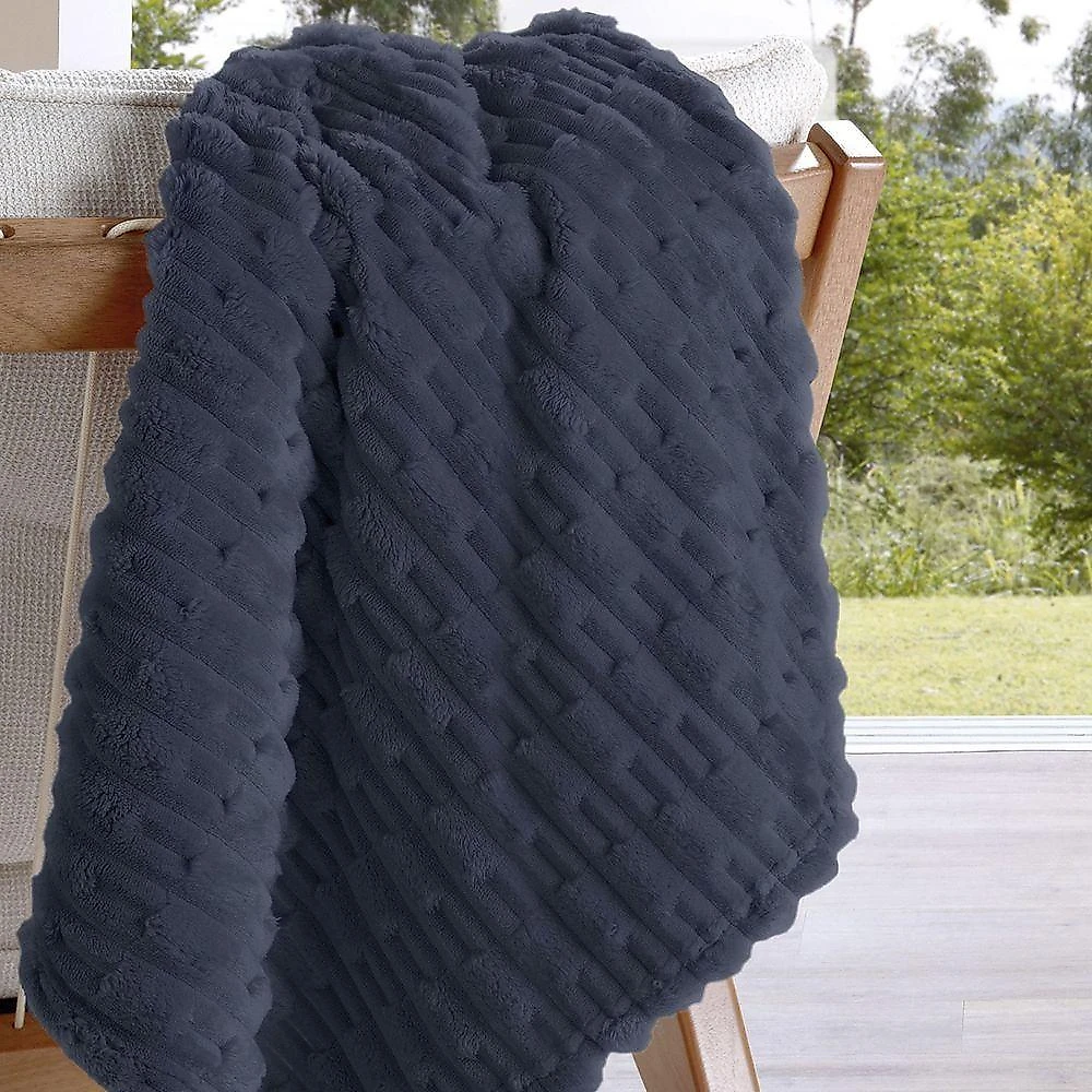 Manta Microfibra Flannel Relevo Jacquard Solteiro 100% Poliéster Azul Marinho Buettner