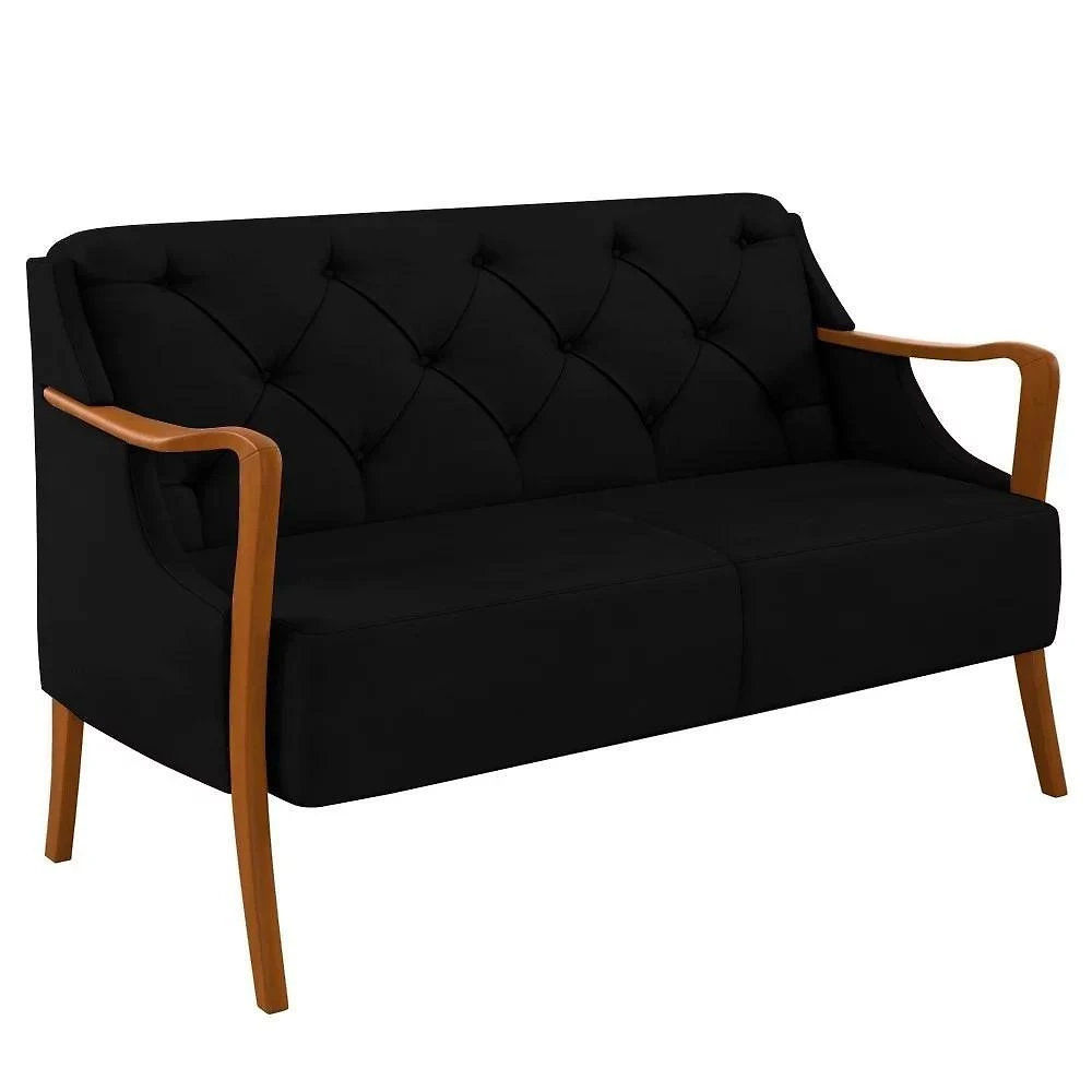 Poltrona Namoradeira Hand G45 2 Lugares Decorativa Veludo Preto com Braços em Madeira Gran Belo