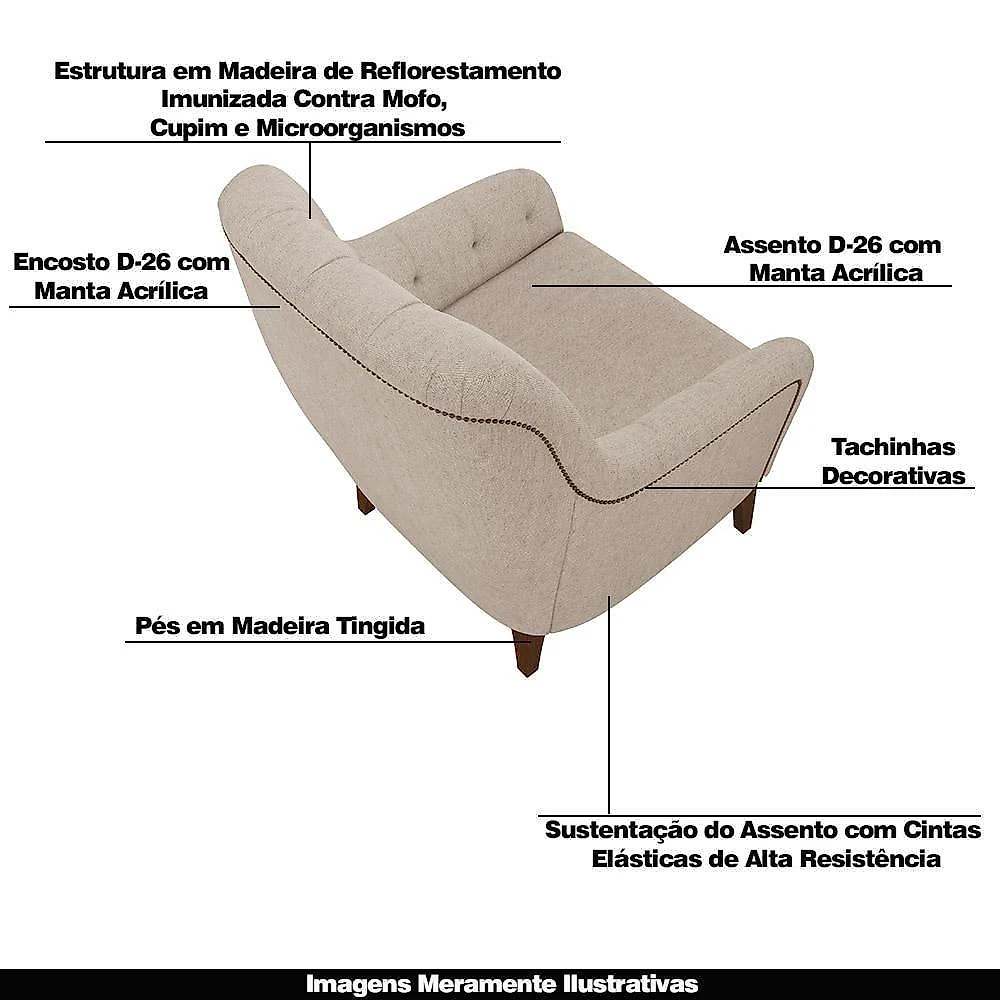 Poltrona Decorativa Petra Linho Cru G45 com Pés Palito em Madeira Bege Gran Belo