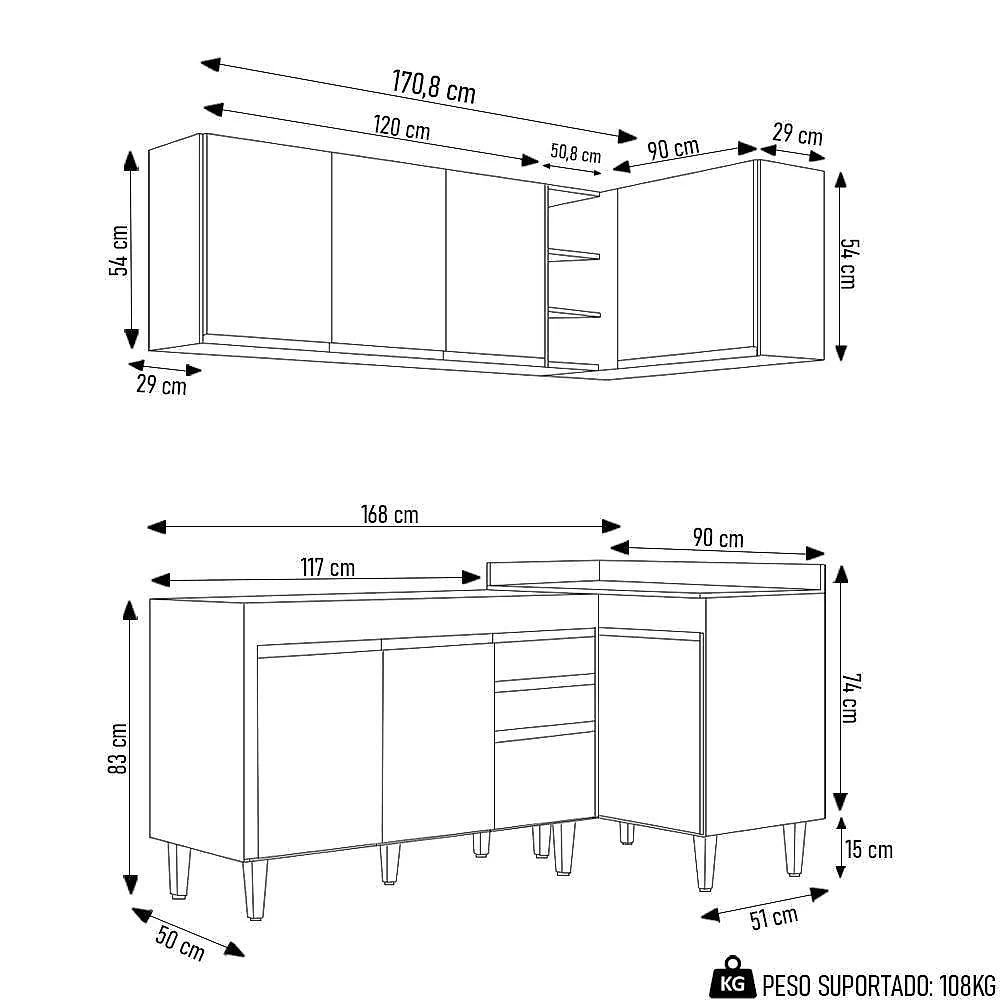 Armário De Cozinha Modulado De Canto Esquerdo 4 Peças Cp46 Balcão Sem Tampo Branco - Lumil