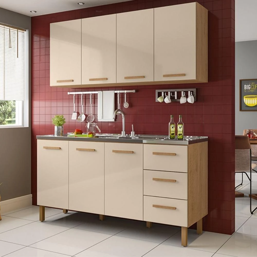 Armário De Cozinha Com Balcão Fortaleza 3 Portas Amêndoa Off White