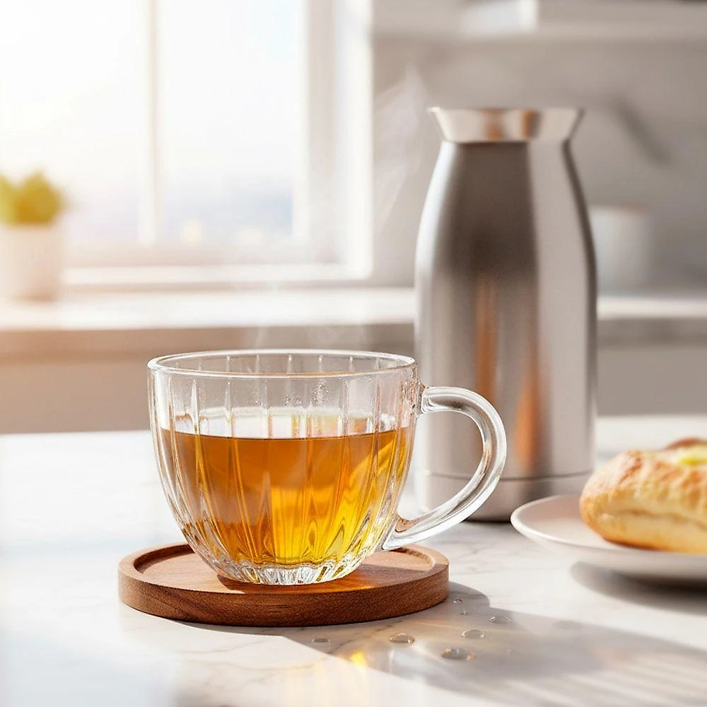 Xicara Montecarlo para Cha e Cafe Cristal com Pires Madeira Acacia 180ML Transparente Hauskraft