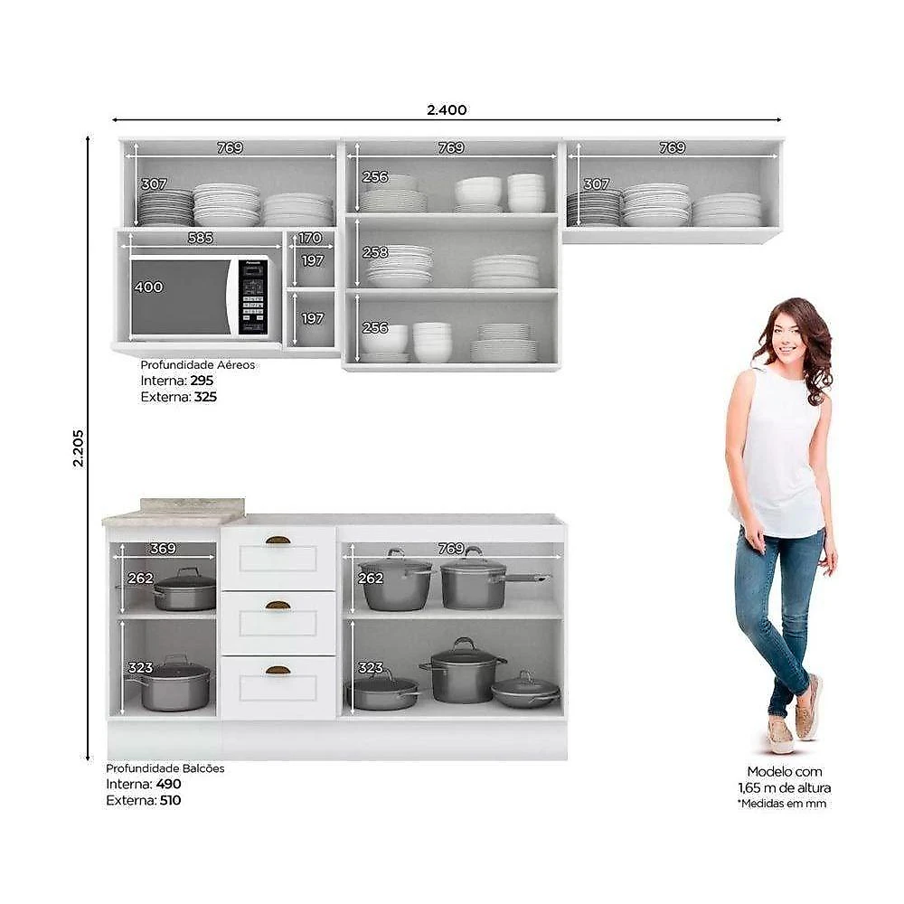 Cozinha Completa Linha Americana 3 Portas 3 Gavetas MDF-MDP Branco Móveis Henn