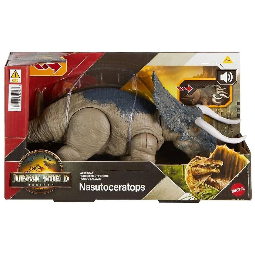 Dinossauro articulado Mattel Jurassic World Rebirth Wild Roar Nasutoceratops com ataque pela cauda, rugido e integração digital via app