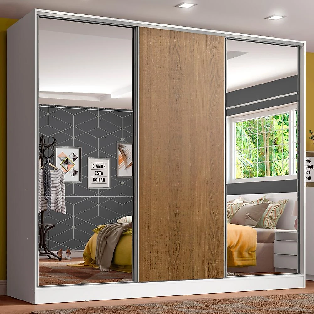 Guarda roupa juvenil 100% mdf madesa kevin 3 portas de correr com espelhos - branco/rustic