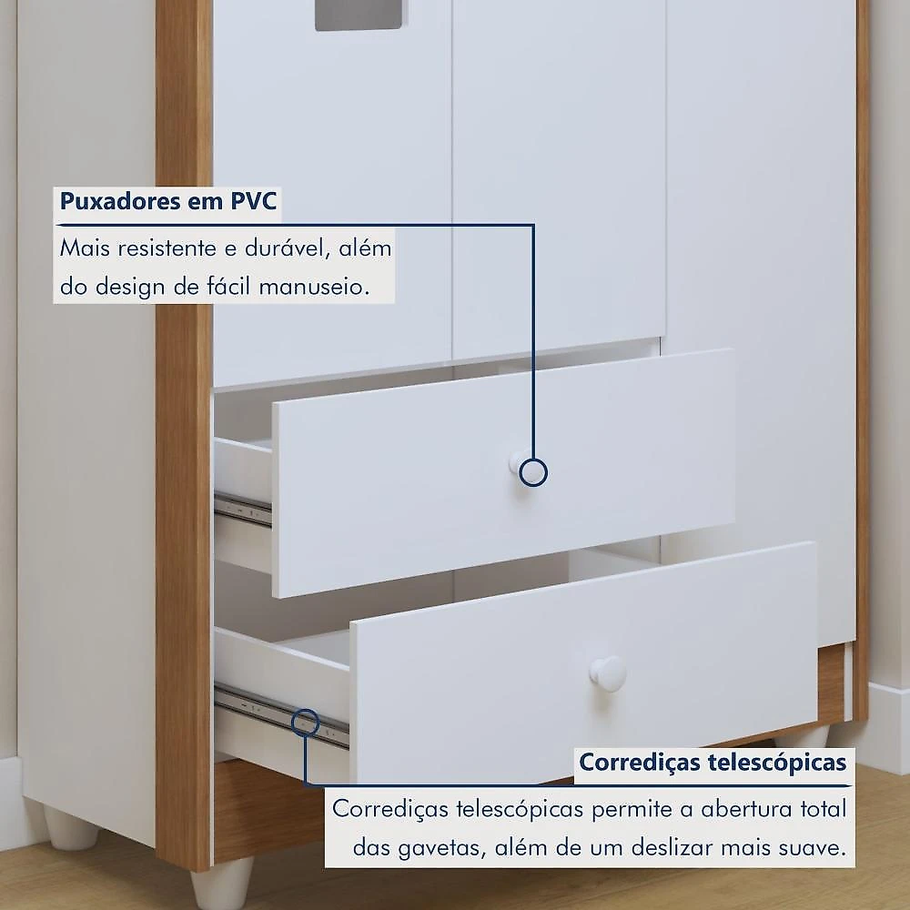 Quarto de Bebê Completo com Cômoda, Berço com Colchão e Guarda Roupas Mila Branco/Amadeirado
