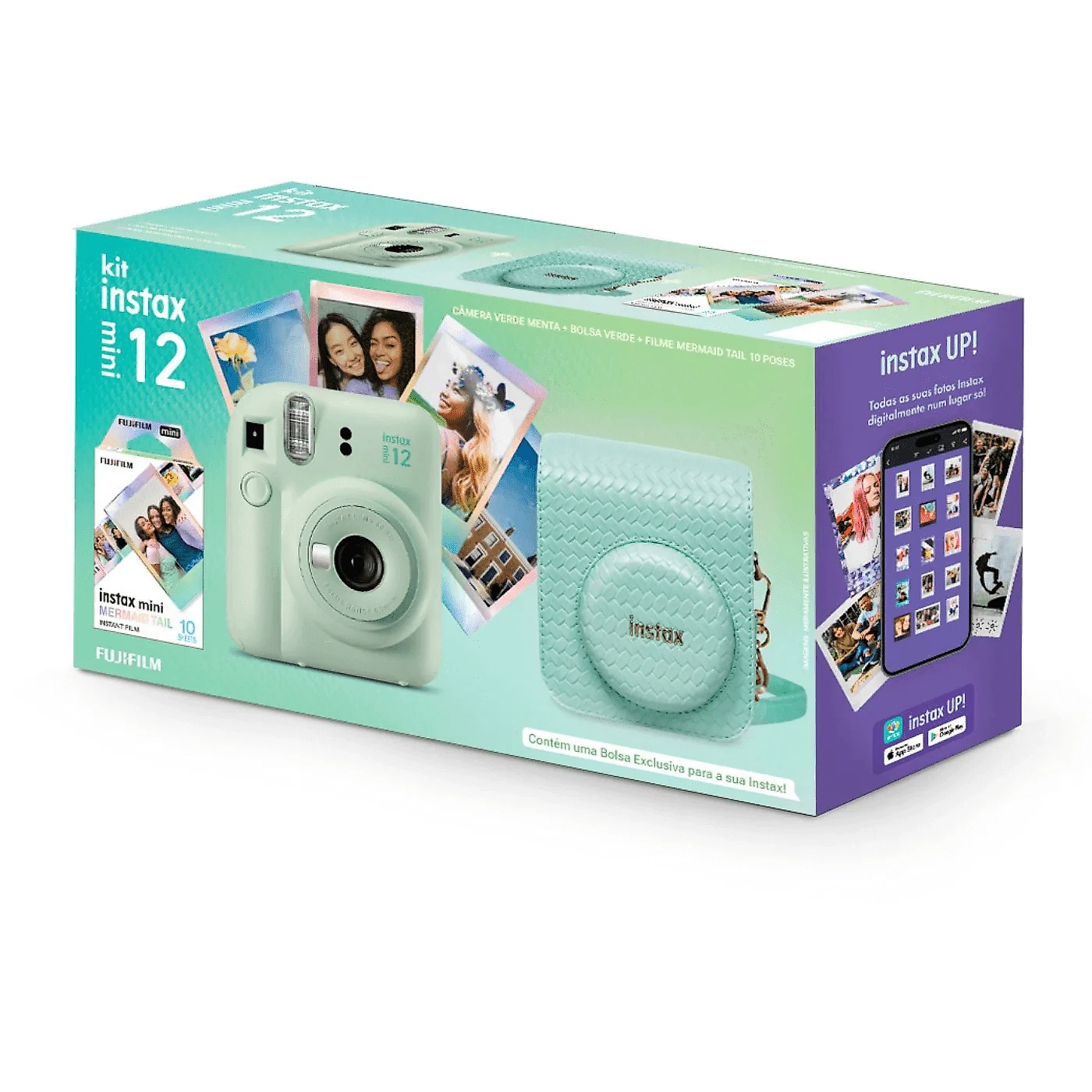 Kit Câmera Instantânea FujiFilm Instax Mini 12 Verde Mermaid com Bolsa e Pack 10 Filmes