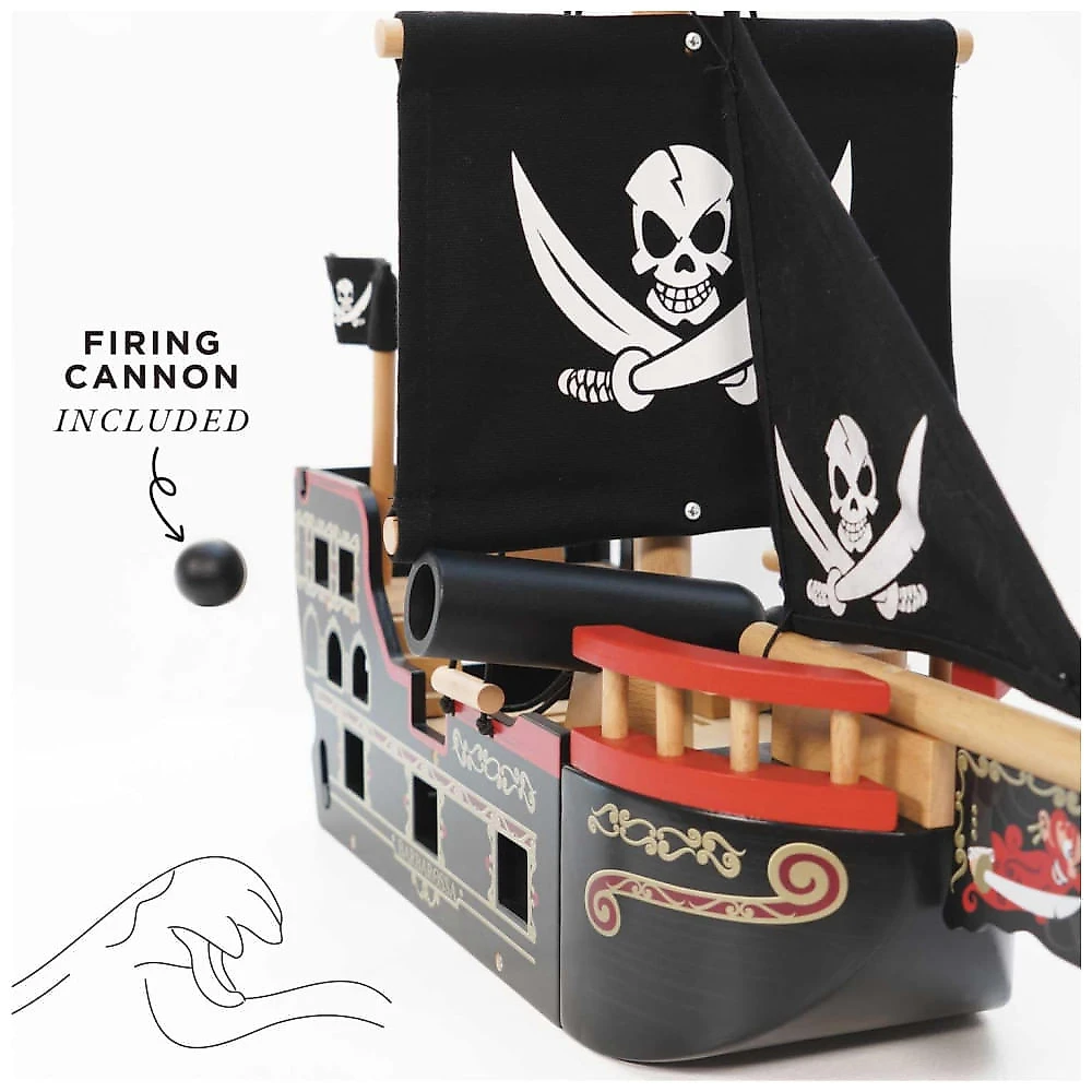 Navio Pirata de Madeira Barbarossa Brinquedo Premium para Crianças de 3 Anos ou Mais, Le Toy Van, Preto 110v